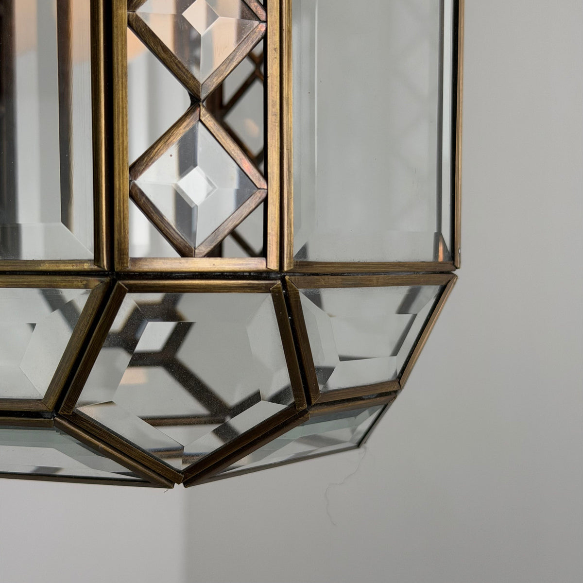 Italian Art Deco Revival Brass and Beveled Glass Lantern, 1970s Pendant Lights