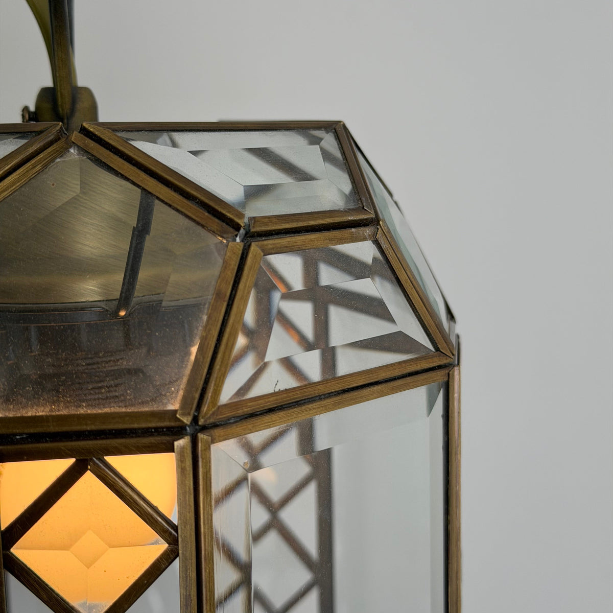 Italian Art Deco Revival Brass and Beveled Glass Lantern, 1970s Pendant Lights