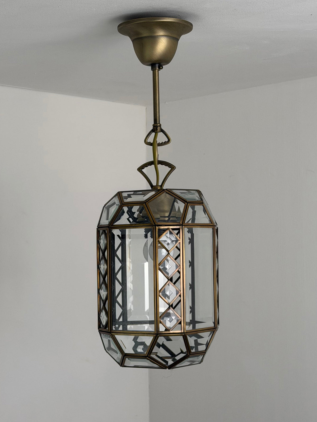 Italian Art Deco Revival Brass and Beveled Glass Lantern, 1970s Pendant Lights