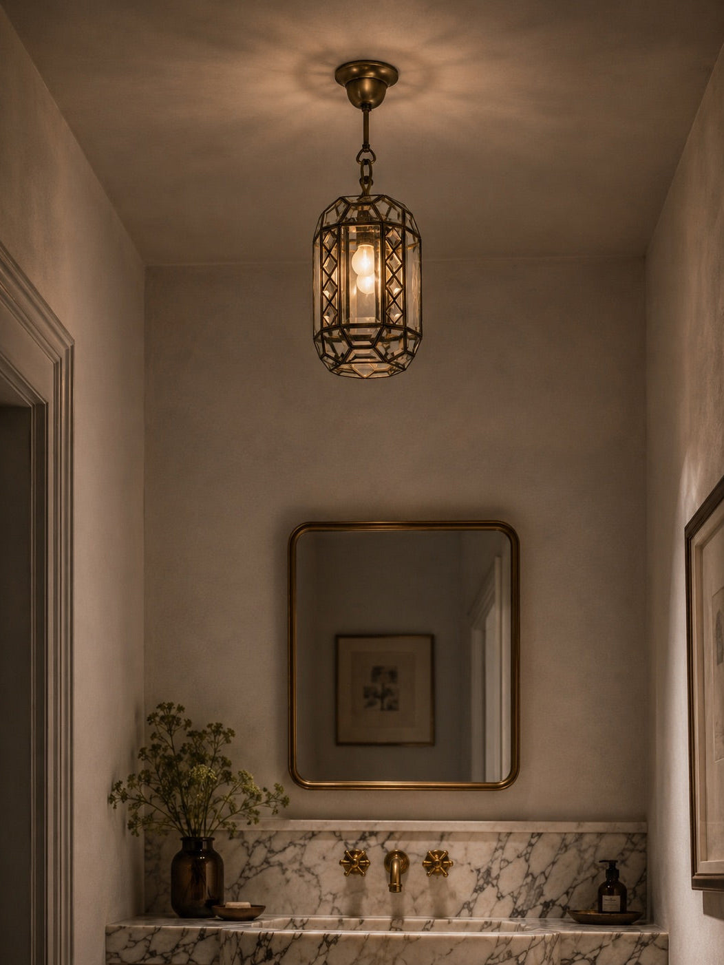 Italian Art Deco Revival Brass and Beveled Glass Lantern, 1970s Pendant Lights