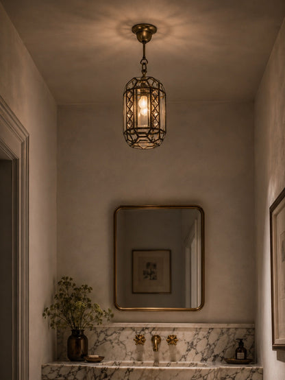 Italian Art Deco Revival Brass and Beveled Glass Lantern, 1970s Pendant Lights