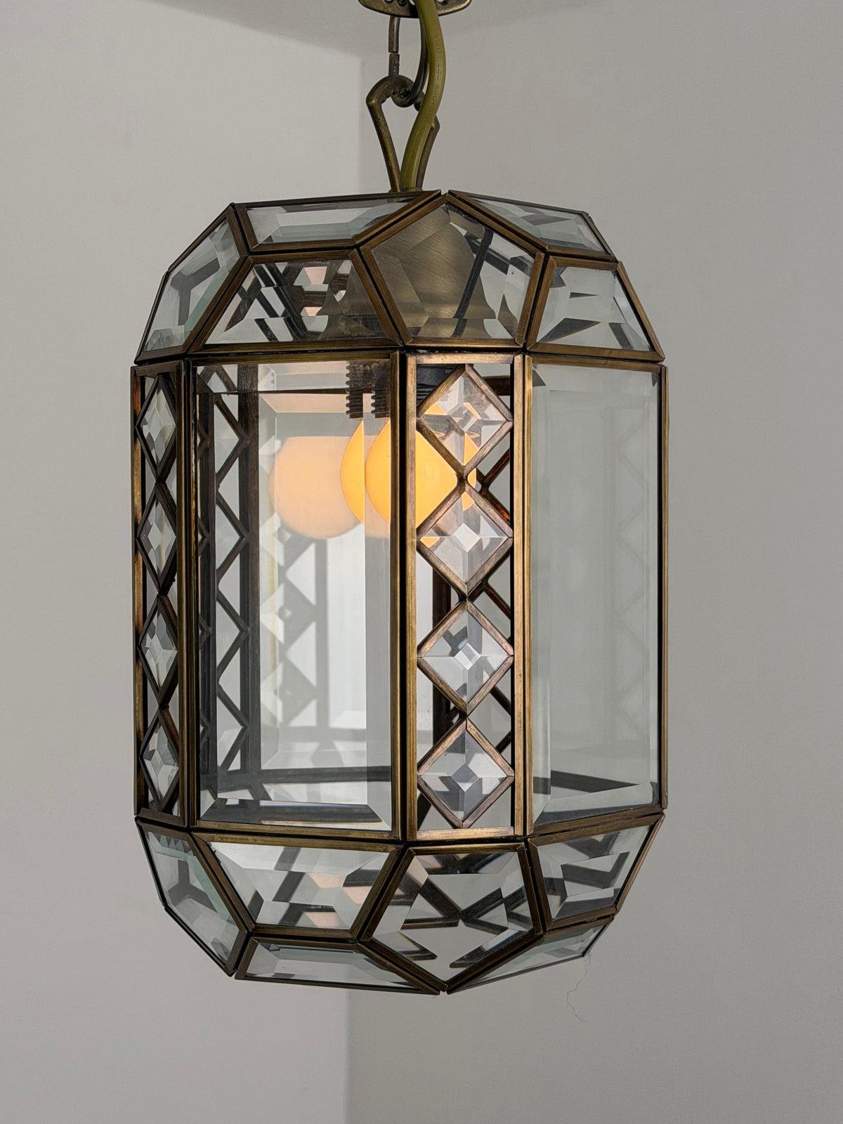 Italian Art Deco Revival Brass and Beveled Glass Lantern, 1970s Pendant Lights