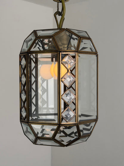 Italian Art Deco Revival Brass and Beveled Glass Lantern, 1970s Pendant Lights