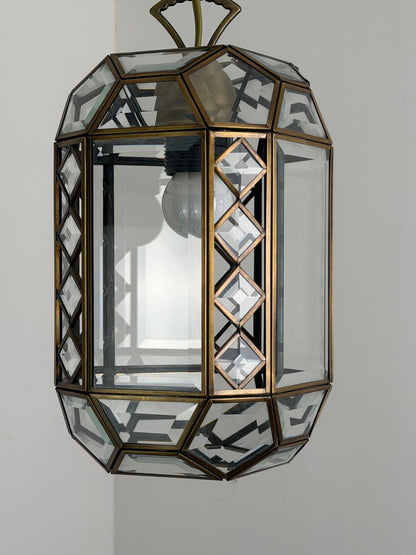 Italian Art Deco Revival Brass and Beveled Glass Lantern, 1970s Pendant Lights