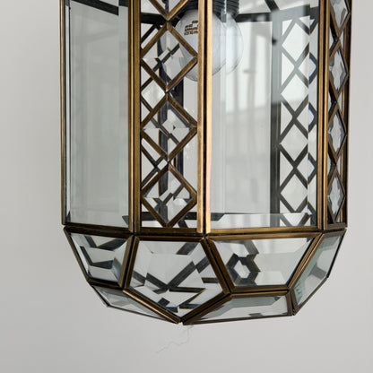 Italian Art Deco Revival Brass and Beveled Glass Lantern, 1970s Pendant Lights
