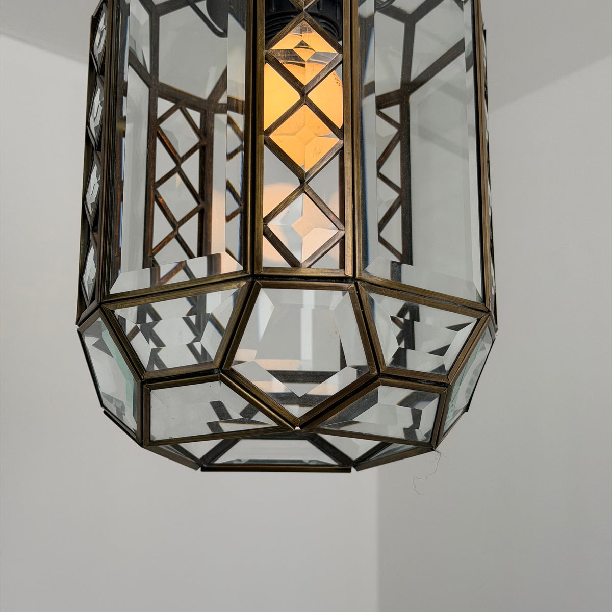 Italian Art Deco Revival Brass and Beveled Glass Lantern, 1970s Pendant Lights
