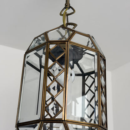 Italian Art Deco Revival Brass and Beveled Glass Lantern, 1970s Pendant Lights