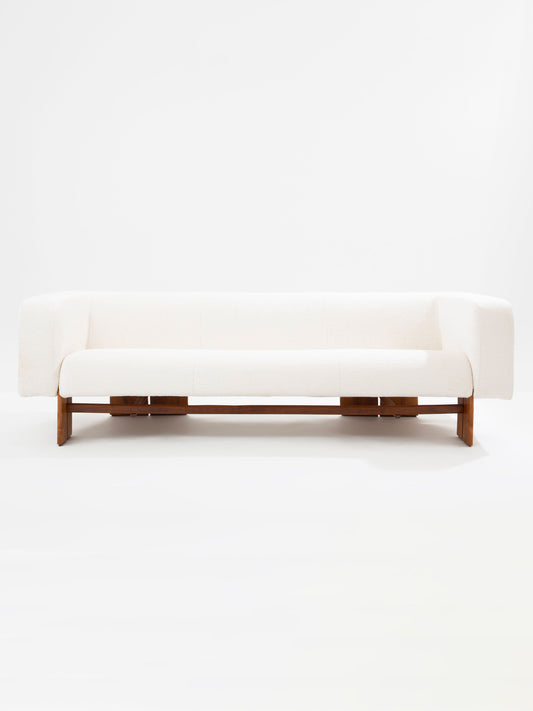 Italian Brutalist Sofa with Solid Walnut and White Chenille Velvet, 1960s Sofas