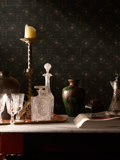Juliette Floral Cascade Grasscloth  Wallpaper in Velvet Void