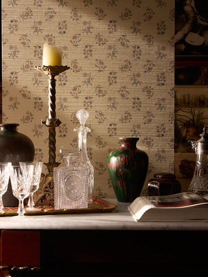 Juliette Floral Cascade Grasscloth  Wallpaper in Warm Sandstone