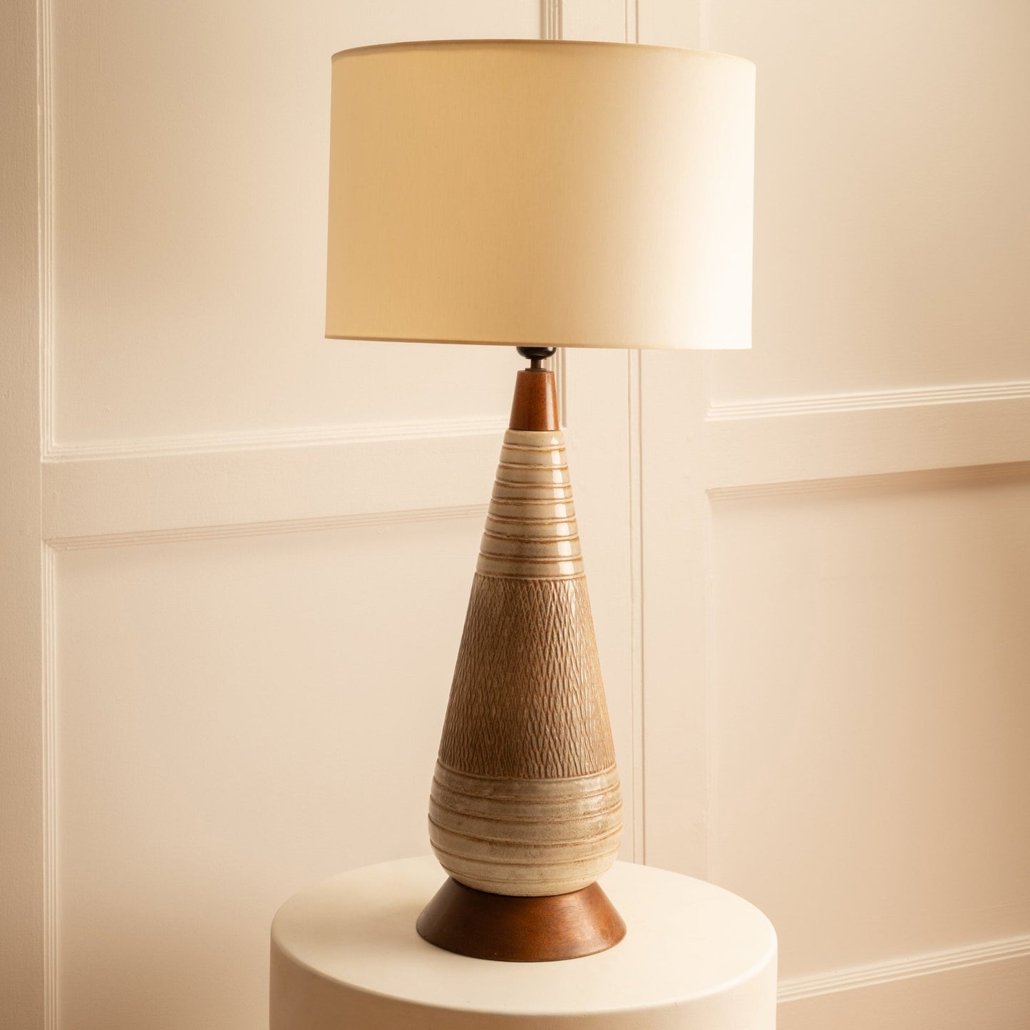 Large Danish Mid-Century Ceramic and Wood Lamp Table Lamps