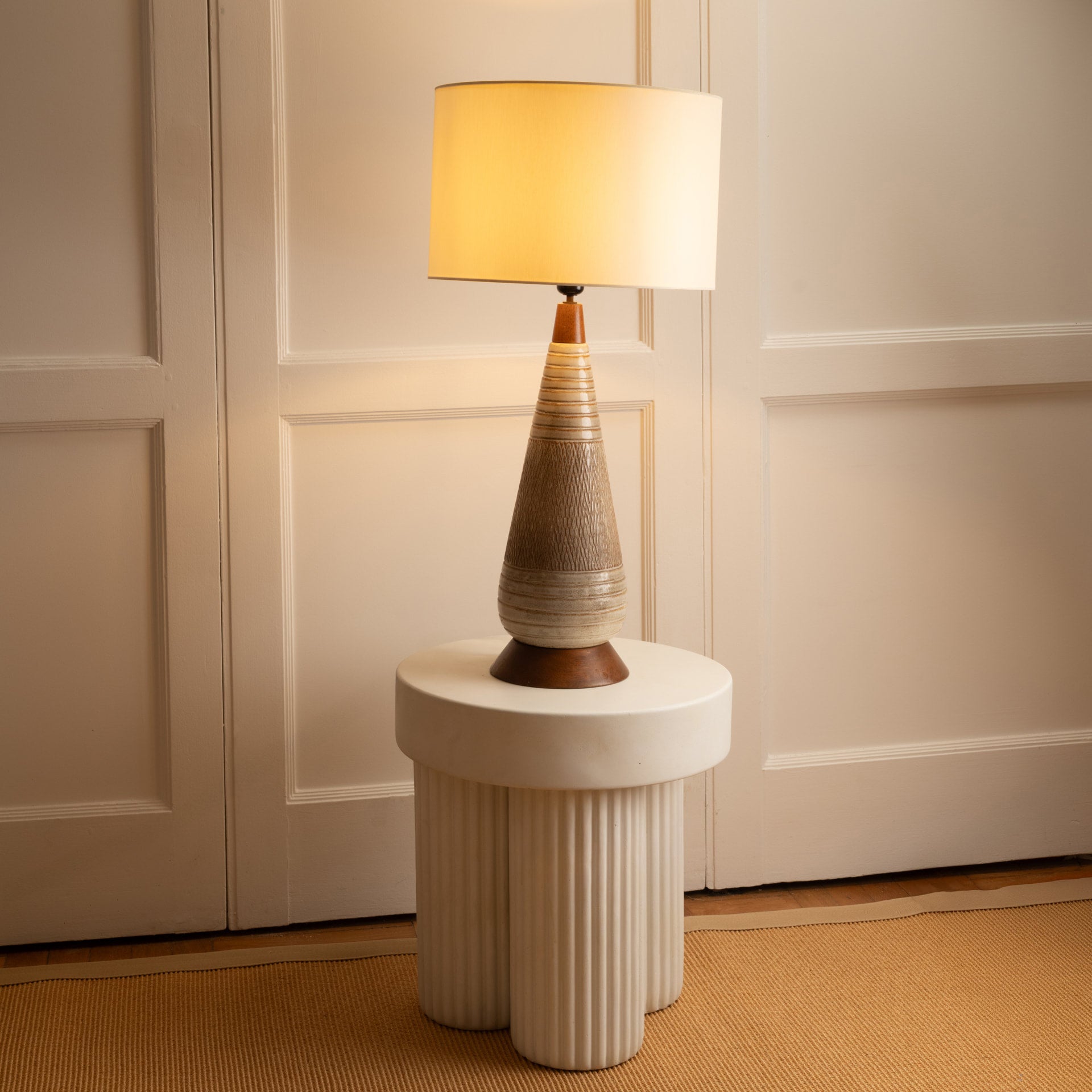 Large Danish Mid-Century Ceramic and Wood Lamp Table Lamps