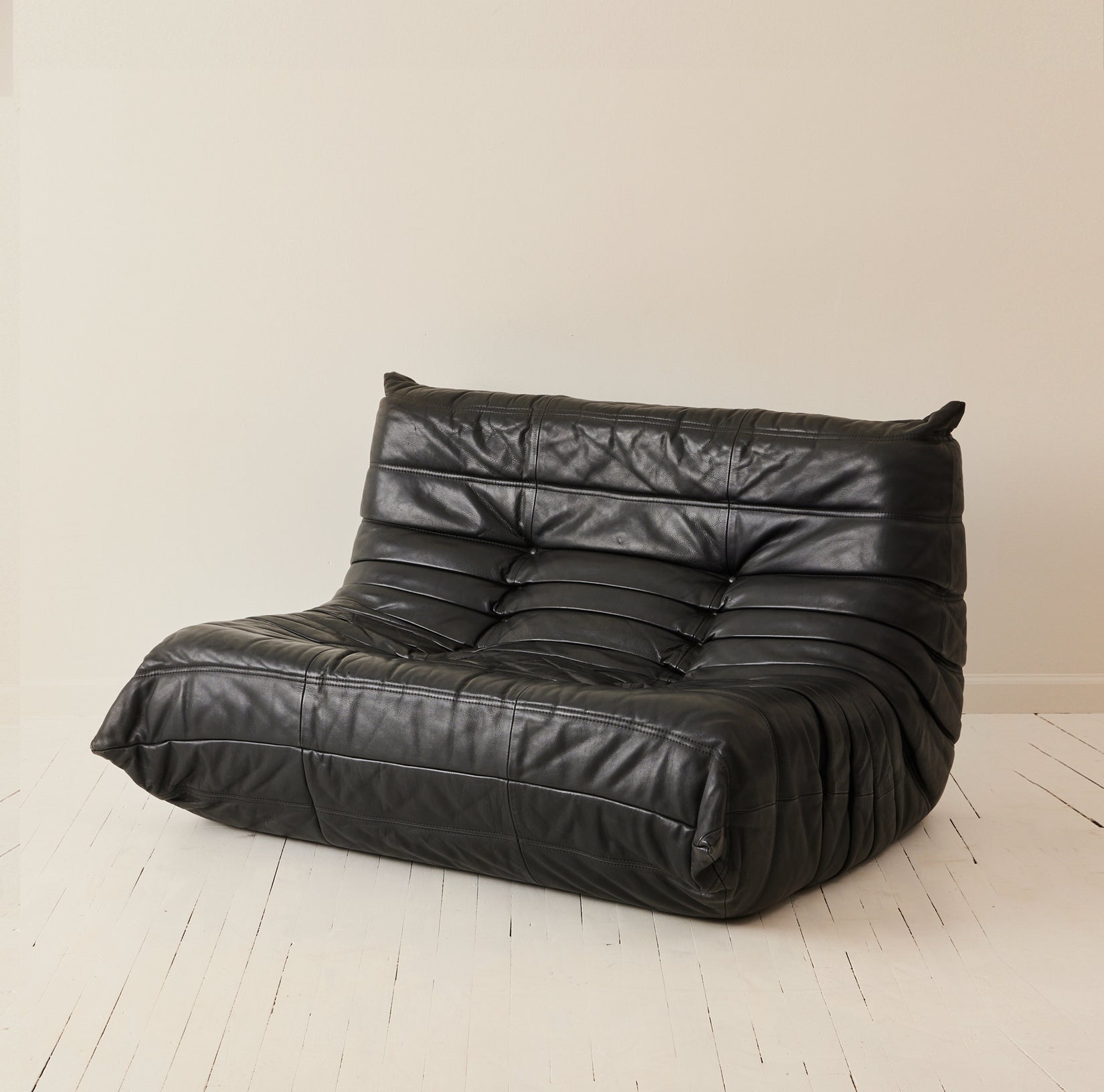 Ligne Roset "Togo" 2-Person Sofa in Black Leather, 1970's Sofas