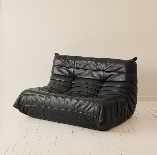 Ligne Roset "Togo" 2-Person Sofa in Black Leather, 1970's Sofas
