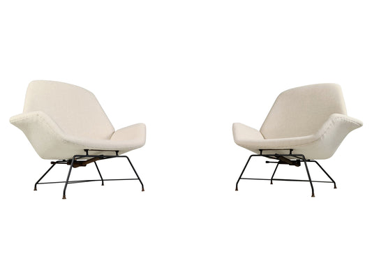 Lotus Lounge Chairs in Cream Wool Fabric by Augusto Bozzi for Saporiti Chairs