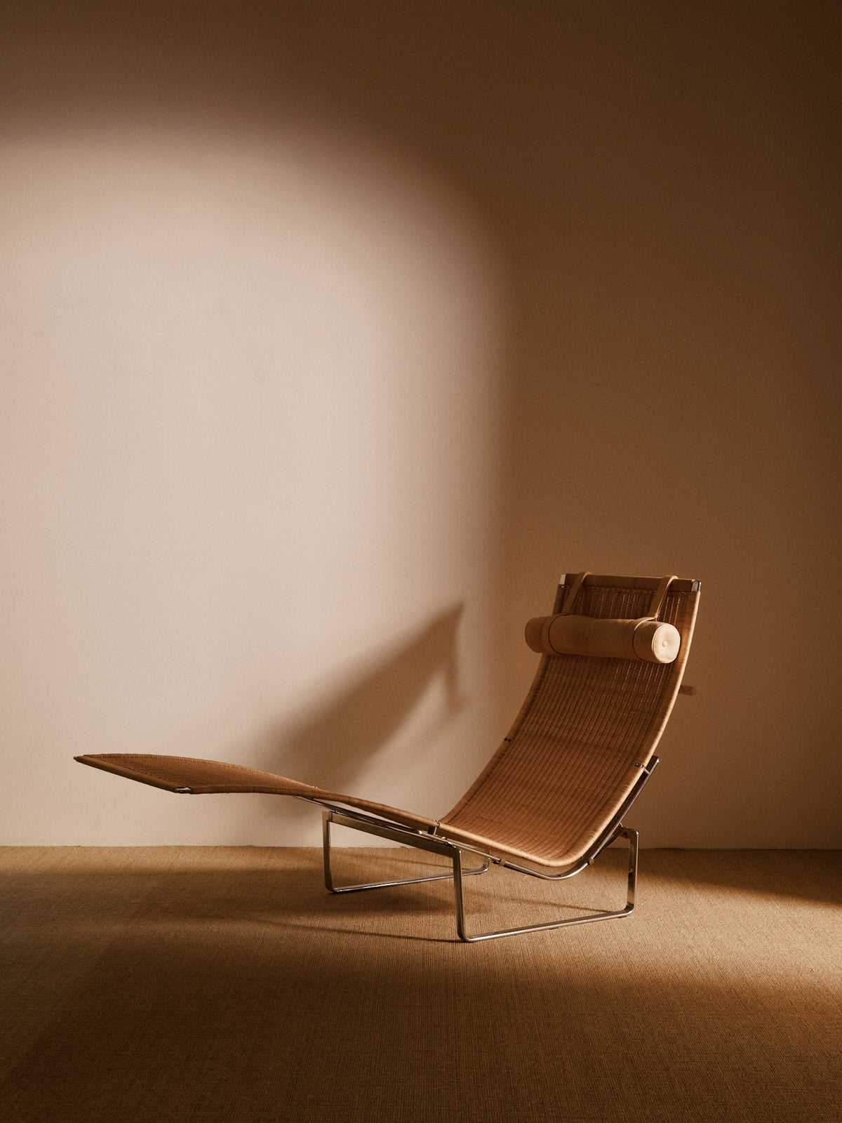 Poul Kjærholm 2003 PK24 Lounge Chair, Stainless Steel, Natural Leather and Cane Webbing Chaise Lounges