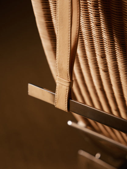 Poul Kjærholm 2003 PK24 Lounge Chair, Stainless Steel, Natural Leather and Cane Webbing Chaise Lounges