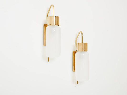 Luigi Caccia Dominioni Original LP10 Brass Opaline Wall Lights 1965 Sconces