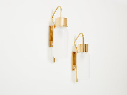 Luigi Caccia Dominioni Original LP10 Brass Opaline Wall Lights 1965 Sconces