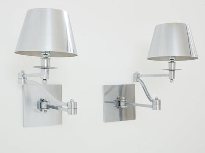 Maison Charles Pair of Brushed Steel Adjustable Swing-Arm Sconces 1960 Sconces