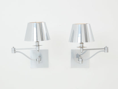Maison Charles Pair of Brushed Steel Adjustable Swing-Arm Sconces 1960 Sconces