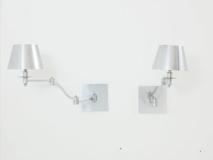 Maison Charles Pair of Brushed Steel Adjustable Swing-Arm Sconces 1960 Sconces