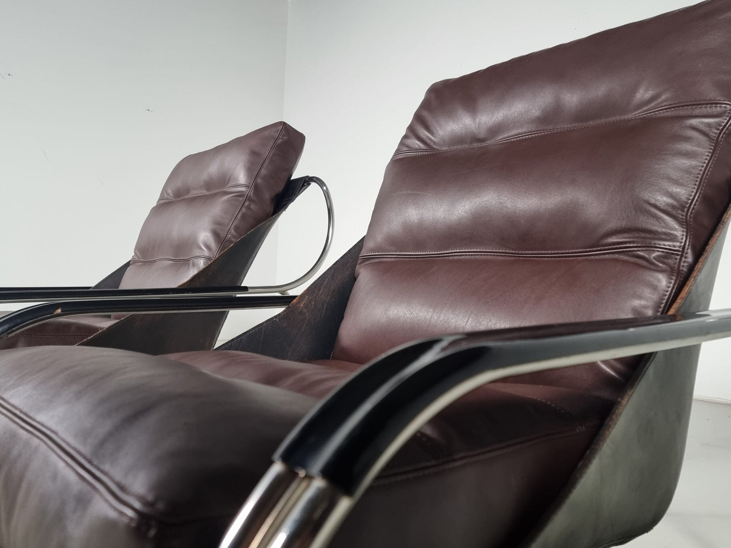 Marco Zanuso Maggiolina Lounge Chairs in Brown and Black Leather Chairs