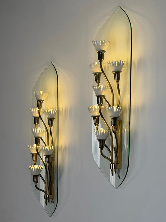 Pair of Monumental Pietro Chiesa for Fontana Arte Rare 7-Light Glass Sconces, 1950s Sconces