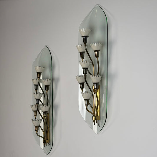 Pair of Monumental Pietro Chiesa for Fontana Arte Rare 7-Light Glass Sconces, 1950s Sconces
