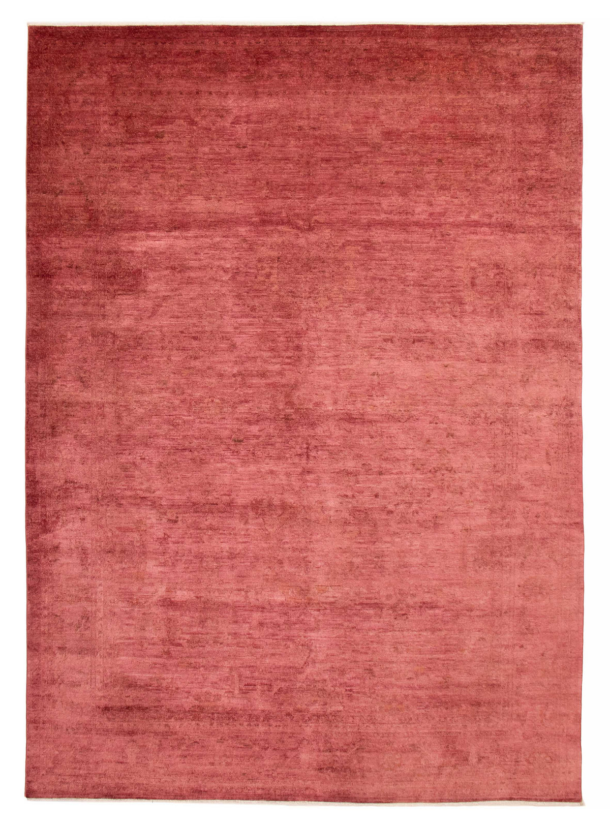 Overdyed Rug in Cranberry, overhead view of the full cranberry red wool rug