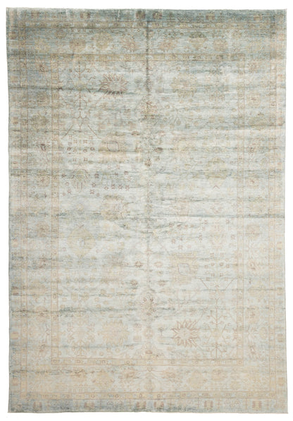Overdyed Rug in Fog, overhead view of the full pale gray green wool rug