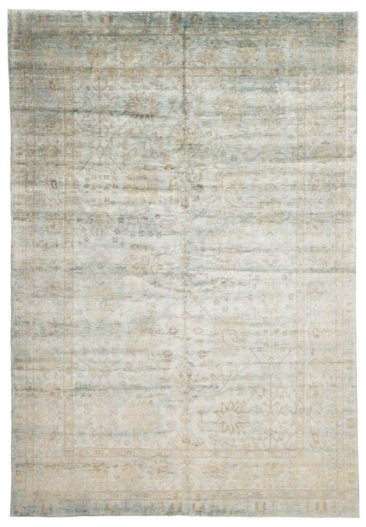 Overdyed Rug in Fog, overhead view of the full pale gray green wool rug