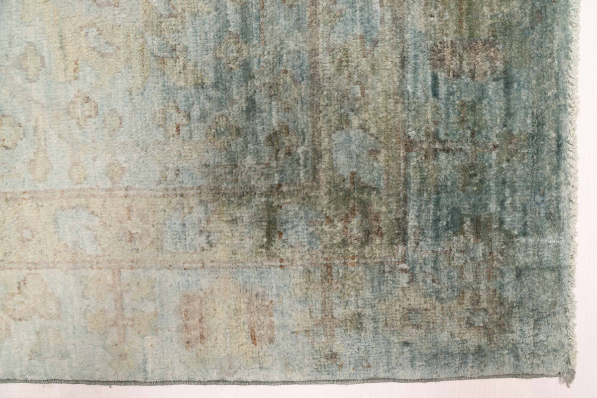 Overdyed Rug in Fog, corner and edge detail