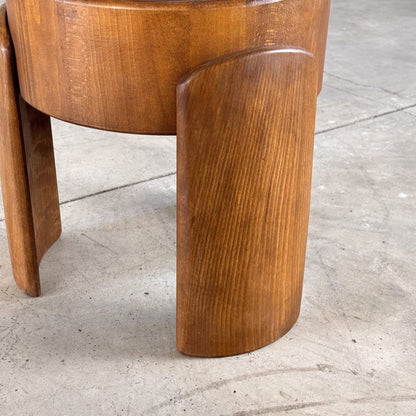 Pair of Sculptural Wooden Stools with Waxed Dark Brown Leather by Forme, Italy Stools