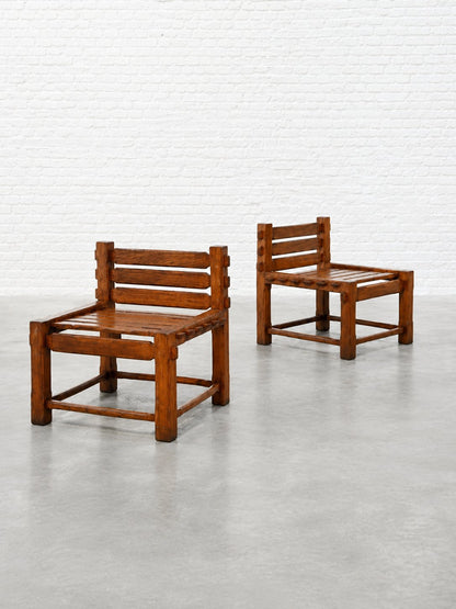 Pair of 1970s Brutalist Side Chairs, Solid Oak Chairs