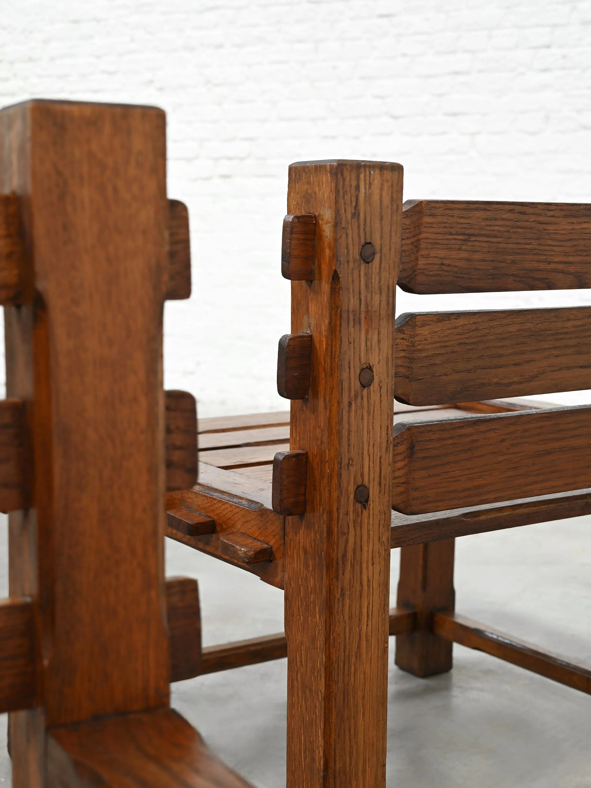 Pair of 1970s Brutalist Side Chairs, Solid Oak Chairs