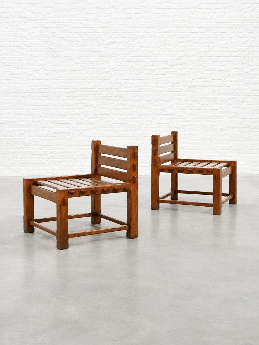 Pair of 1970s Brutalist Side Chairs, Solid Oak Chairs