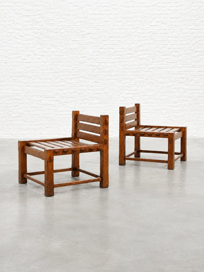 Pair of 1970s Brutalist Side Chairs, Solid Oak Chairs