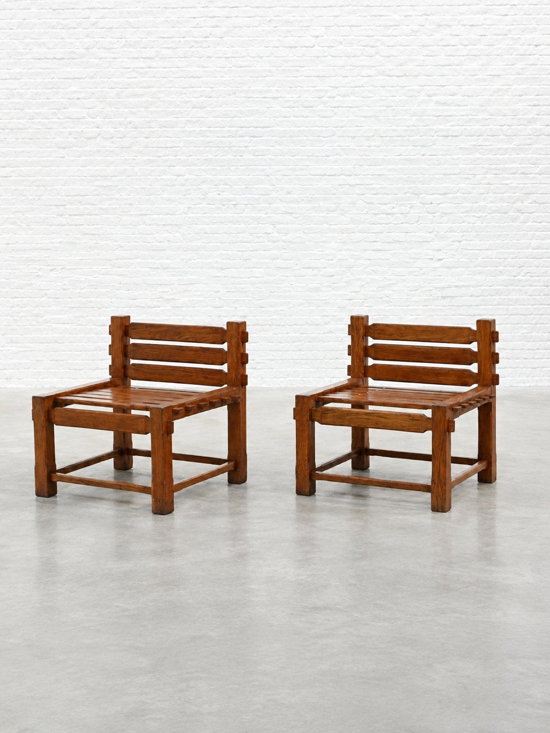 Pair of 1970s Brutalist Side Chairs, Solid Oak Chairs