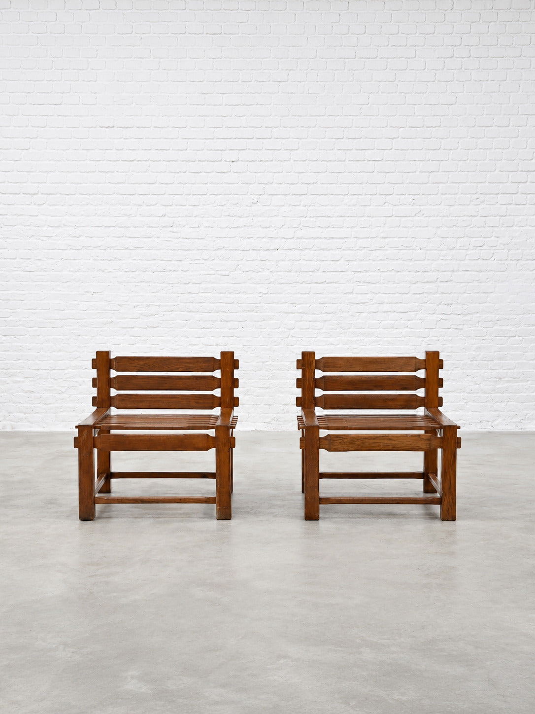 Pair of 1970s Brutalist Side Chairs, Solid Oak Chairs