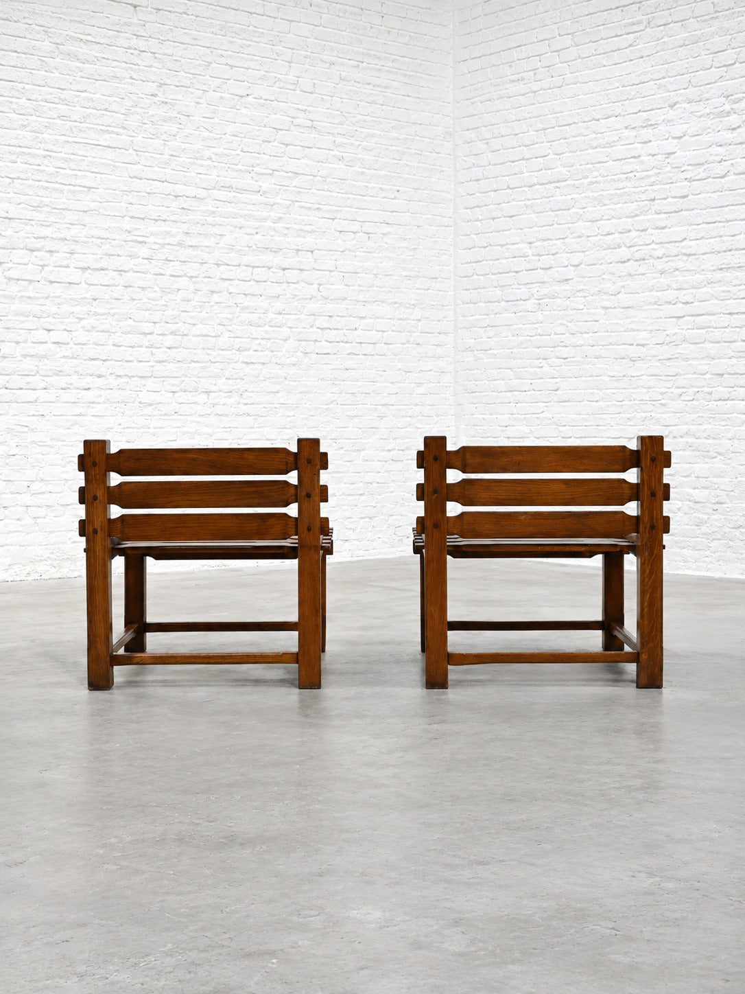 Pair of 1970s Brutalist Side Chairs, Solid Oak Chairs