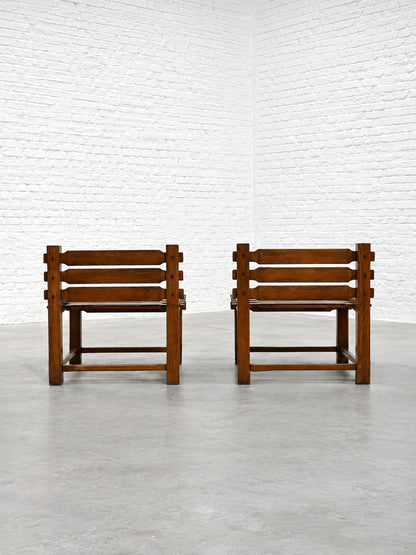 Pair of 1970s Brutalist Side Chairs, Solid Oak Chairs
