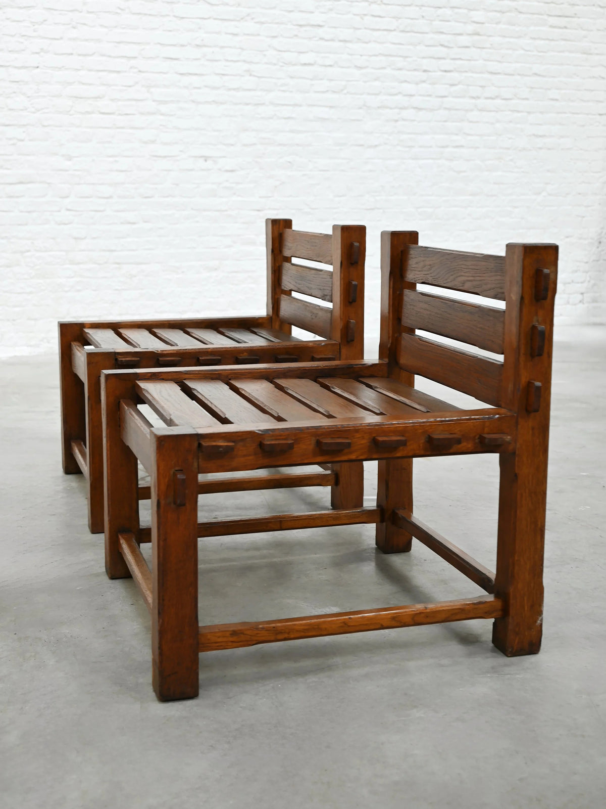 Pair of 1970s Brutalist Side Chairs, Solid Oak Chairs