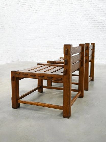 Pair of 1970s Brutalist Side Chairs, Solid Oak Chairs