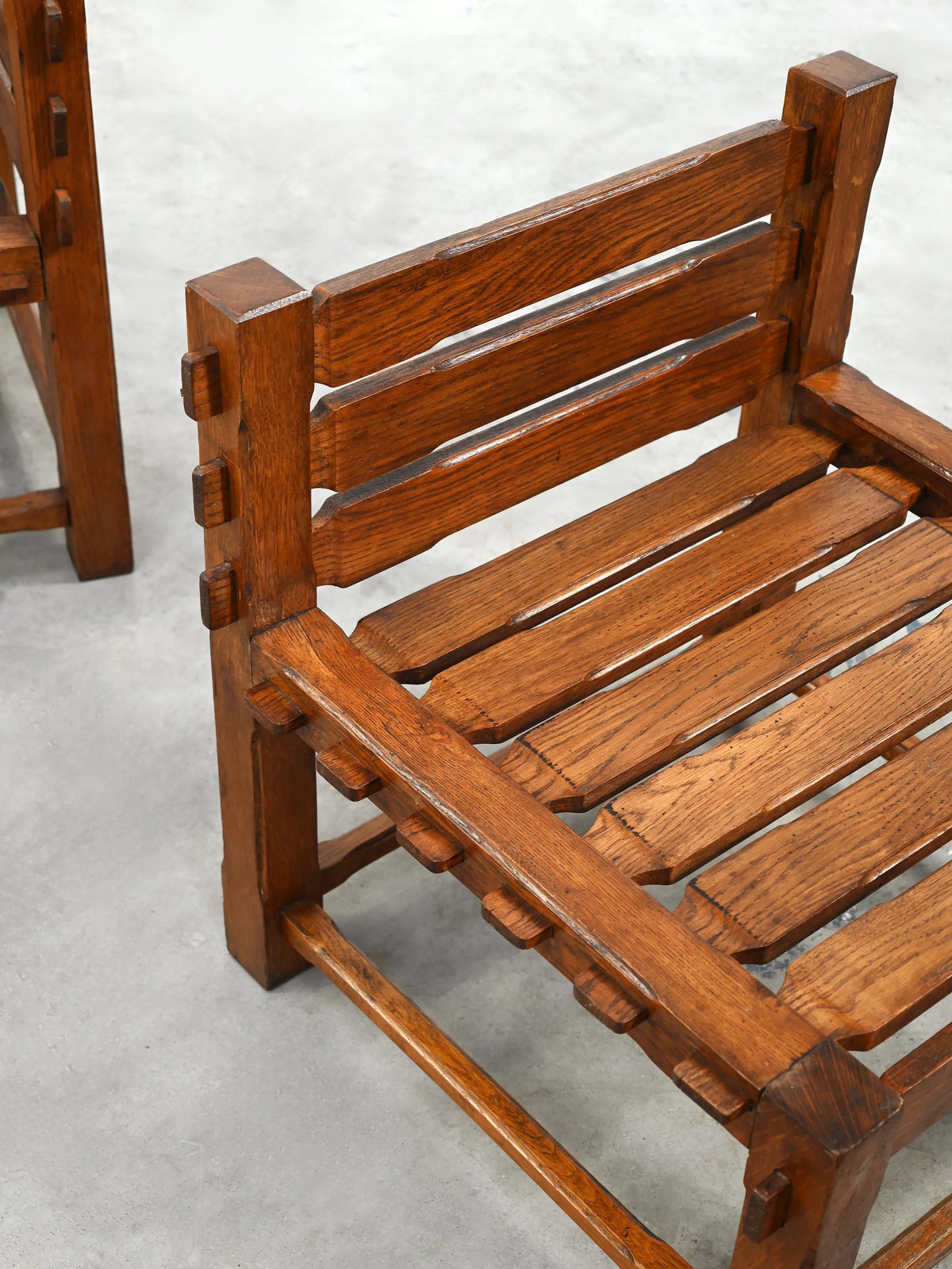 Pair of 1970s Brutalist Side Chairs, Solid Oak Chairs