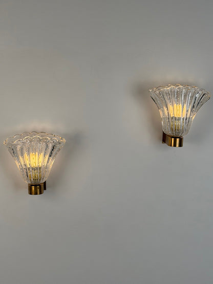 Pair of Archimede Seguso "Bullicante" Murano Glass Wall Sconces, 1940s Sconces