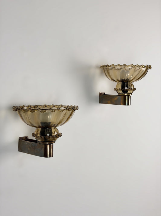 Pair of Art Deco Amber Murano Glass Wall Sconces by Aureliano Toso for Toso Venezia, 1940s Sconces