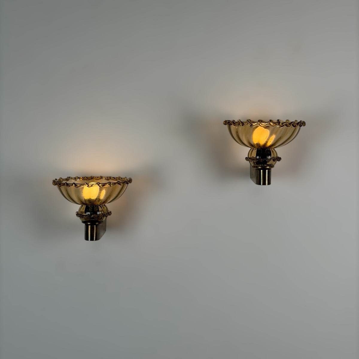 Pair of Art Deco Amber Murano Glass Wall Sconces by Aureliano Toso for Toso Venezia, 1940s Sconces