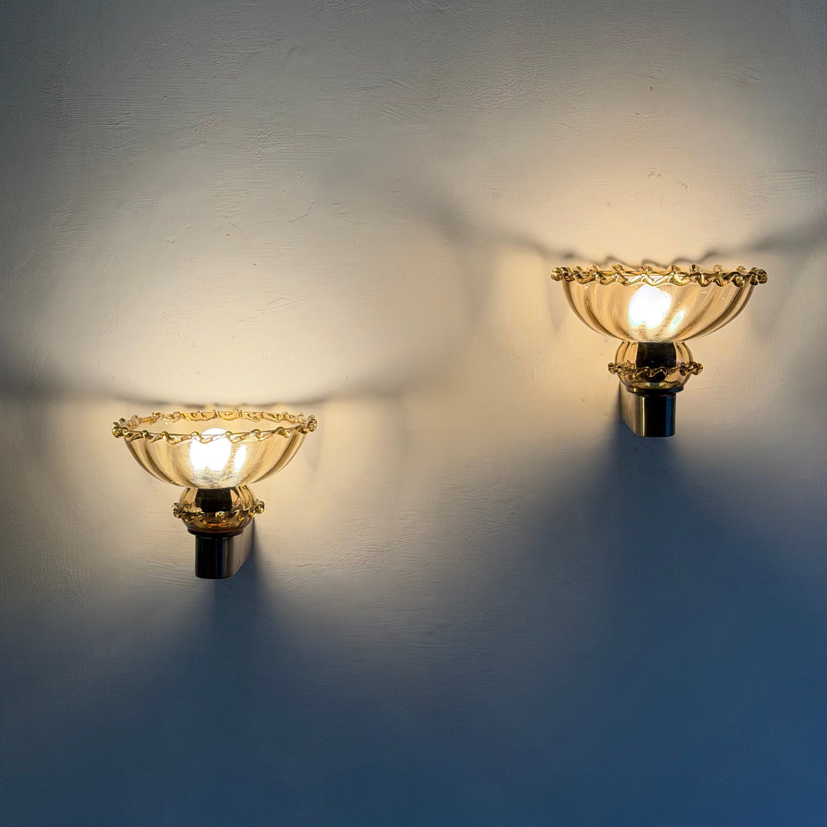 Pair of Art Deco Amber Murano Glass Wall Sconces by Aureliano Toso for Toso Venezia, 1940s Sconces