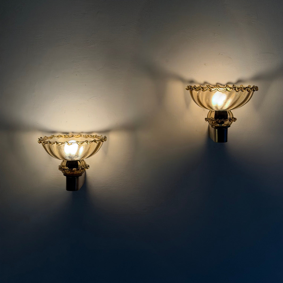 Pair of Art Deco Amber Murano Glass Wall Sconces by Aureliano Toso for Toso Venezia, 1940s Sconces